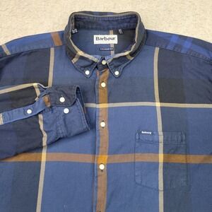 Barbour Shirt Mens 3XL Blue Brown Plaid Tailored Fit Check Cotton Blend Pocket